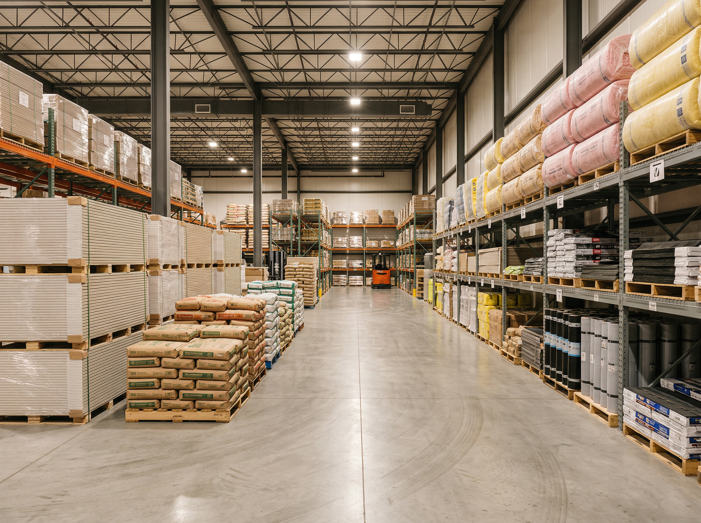 Professional warehouse of construction building materials including stacked drywall, cement bags, and insulation