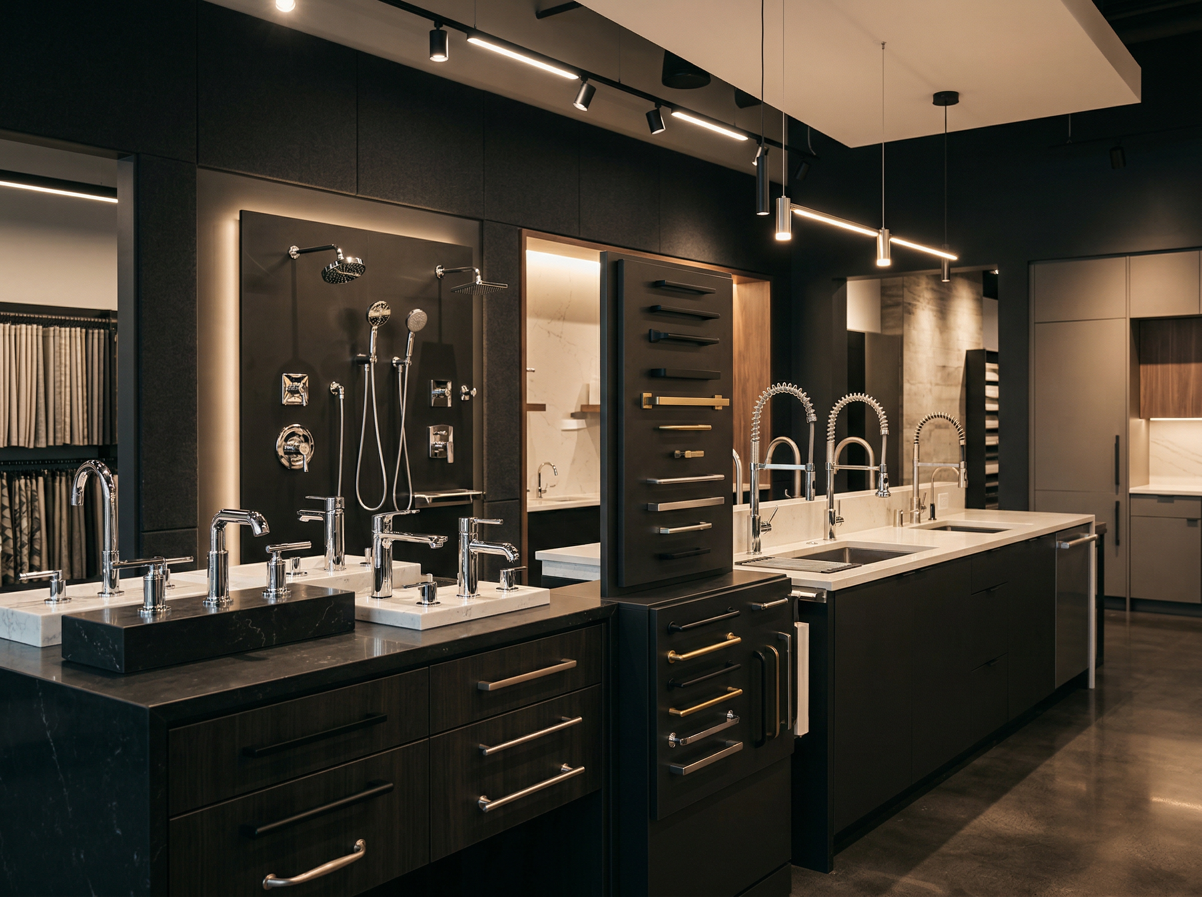 Modern commercial bathroom and kitchen fixtures showroom with chrome faucets, lighting, and hardware displays