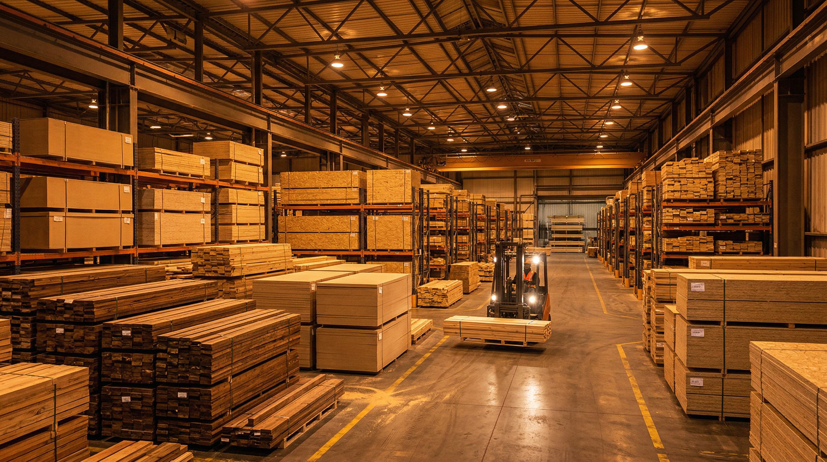 Modern distribution warehouse with stacked engineered wood panels and timber under warm amber lighting