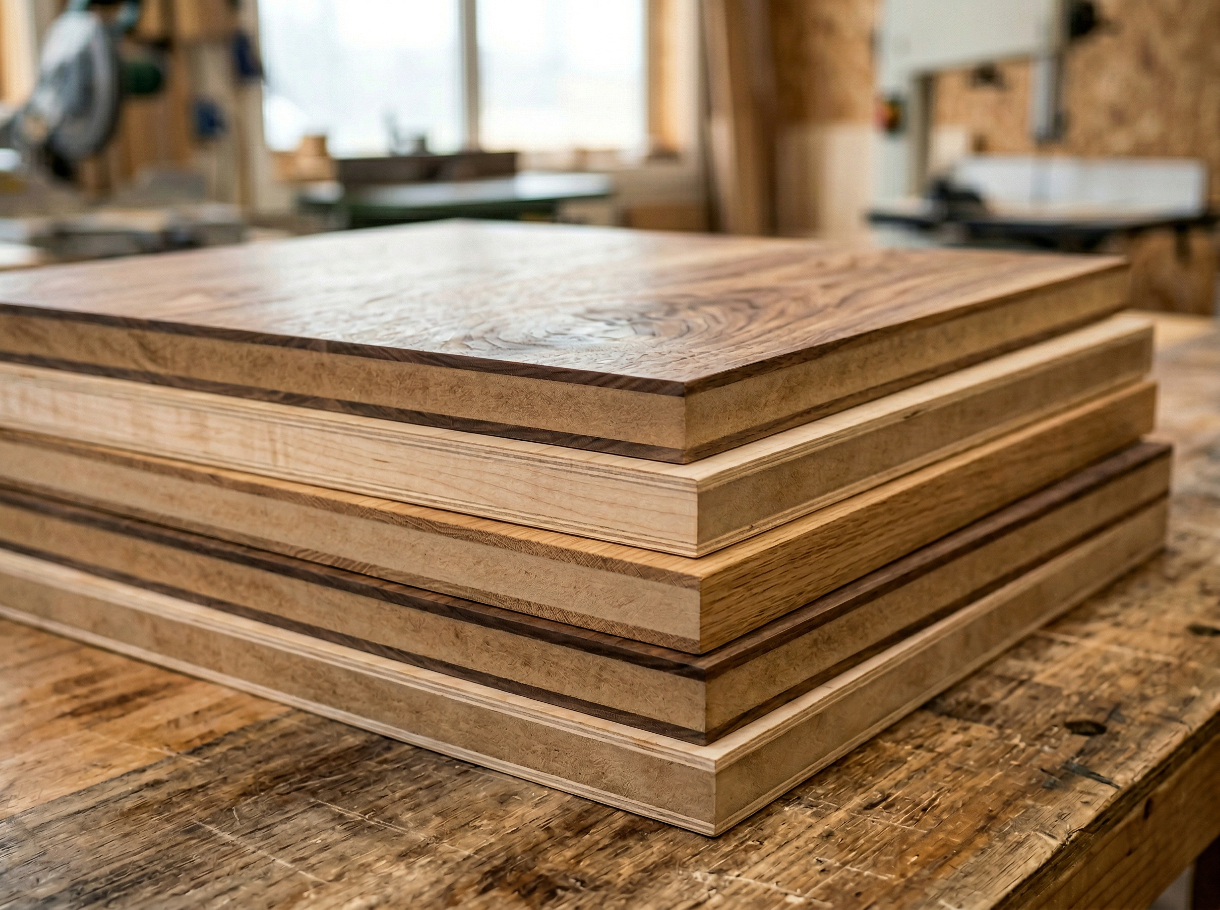 Premium engineered wood panels showing beautiful grain patterns and smooth MDF edges with multiple stacked layers